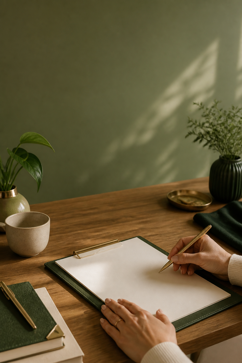 Mãos anônimas revisando uma folha sem texto em uma mesa de trabalho